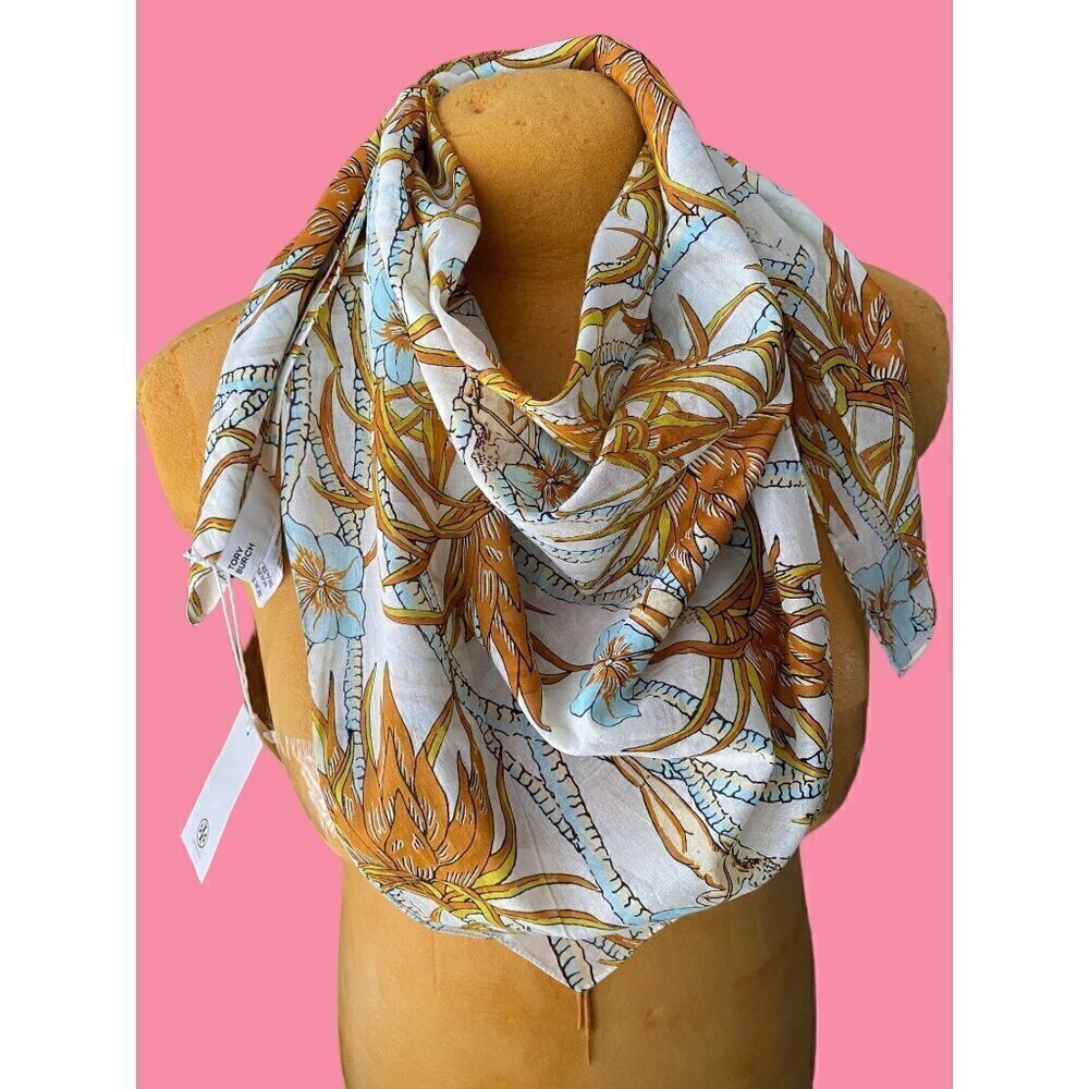 tory burch climbing palms square scarf cotton 36”x36”  #144936-6223 brown tan